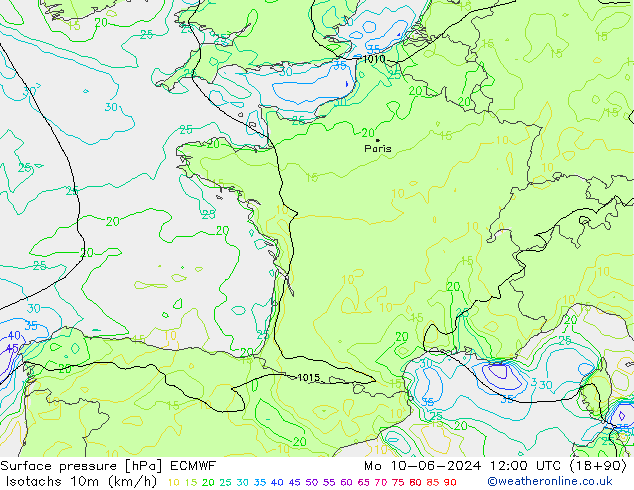 Izotacha (km/godz) ECMWF pon. 10.06.2024 12 UTC