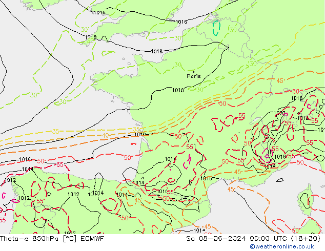 Theta-e 850hPa ECMWF so. 08.06.2024 00 UTC