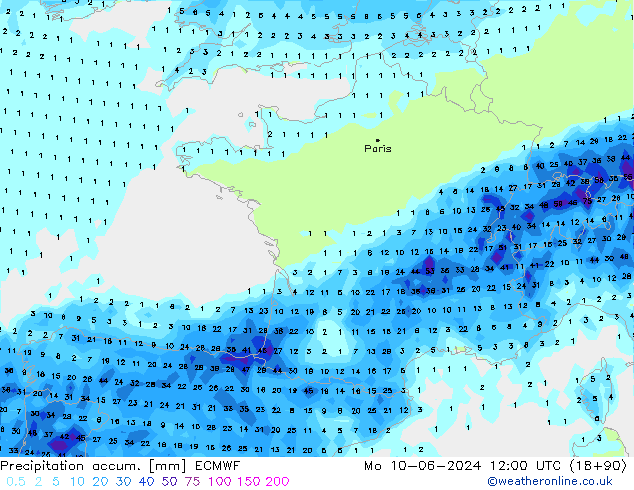 Precipitation accum. ECMWF pon. 10.06.2024 12 UTC