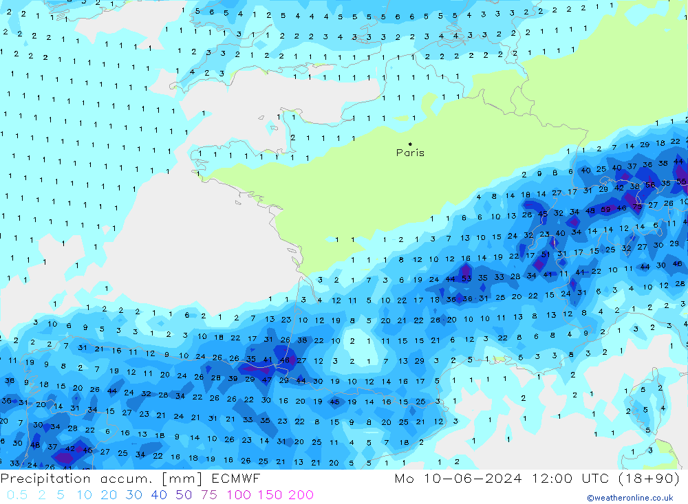 Nied. akkumuliert ECMWF Mo 10.06.2024 12 UTC