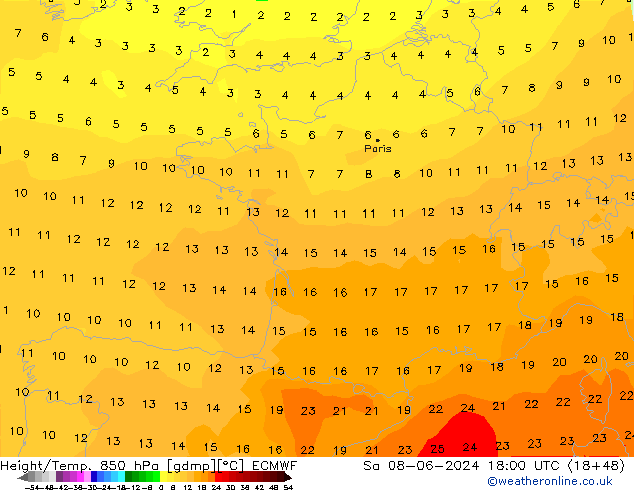 Height/Temp. 850 hPa ECMWF Sa 08.06.2024 18 UTC