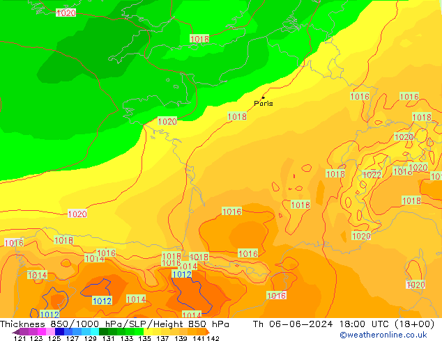 Thck 850-1000 hPa ECMWF Qui 06.06.2024 18 UTC