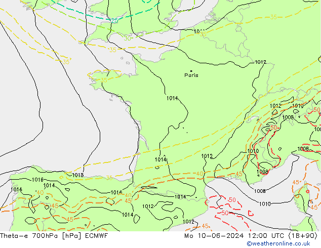 Theta-e 700hPa ECMWF ma 10.06.2024 12 UTC