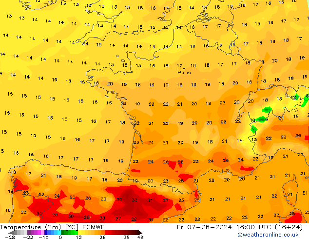 Temperature (2m) ECMWF Fr 07.06.2024 18 UTC