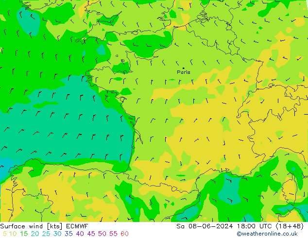 wiatr 10 m ECMWF so. 08.06.2024 18 UTC