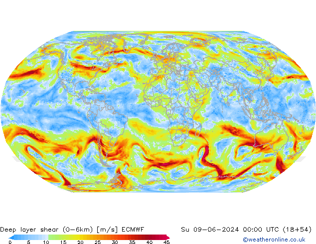 Deep layer shear (0-6km) ECMWF So 09.06.2024 00 UTC