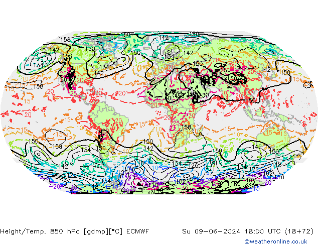 Height/Temp. 850 hPa ECMWF So 09.06.2024 18 UTC