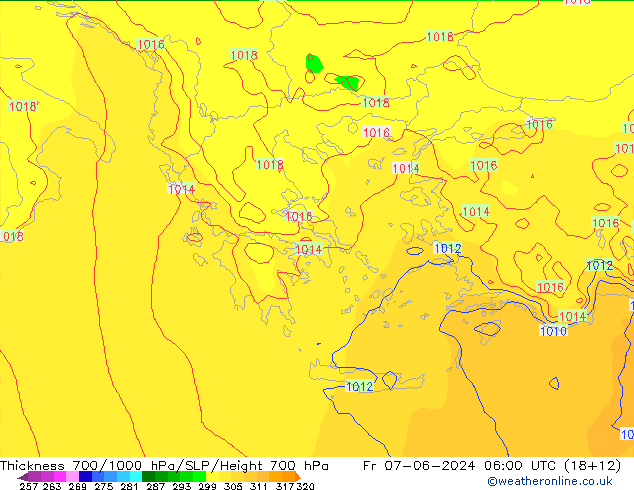 Espesor 700-1000 hPa ECMWF vie 07.06.2024 06 UTC