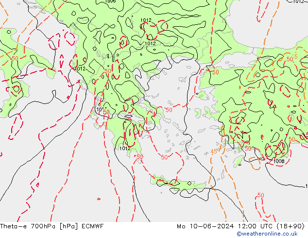 Theta-e 700hPa ECMWF pon. 10.06.2024 12 UTC