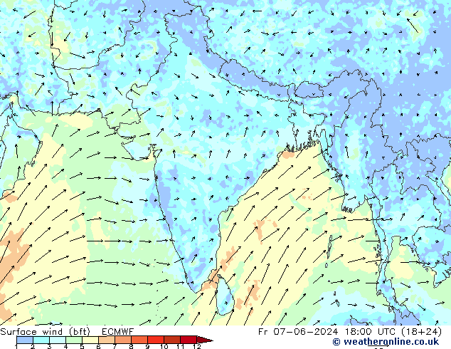 Viento 10 m (bft) ECMWF vie 07.06.2024 18 UTC