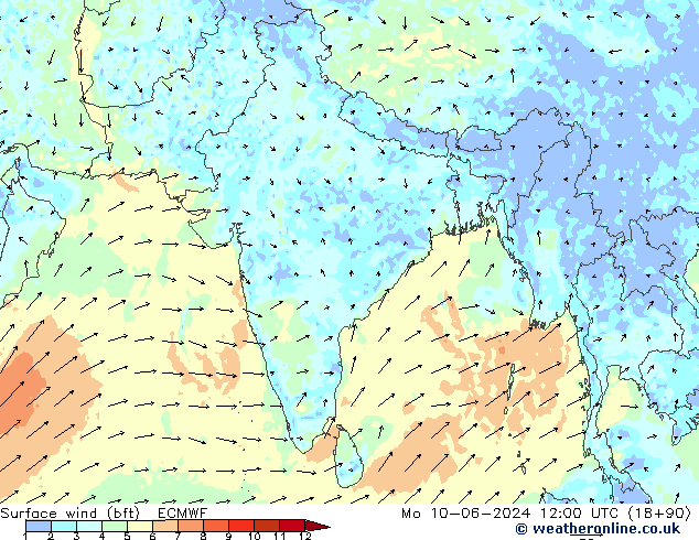 Vento 10 m (bft) ECMWF Seg 10.06.2024 12 UTC