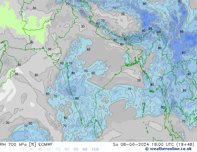 RH 700 гПа ECMWF сб 08.06.2024 18 UTC