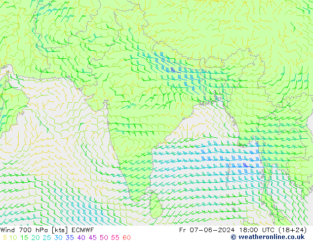 Viento 700 hPa ECMWF vie 07.06.2024 18 UTC