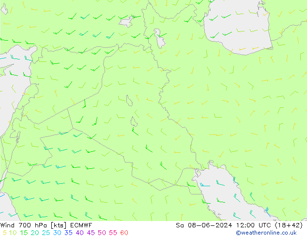 Vento 700 hPa ECMWF sab 08.06.2024 12 UTC