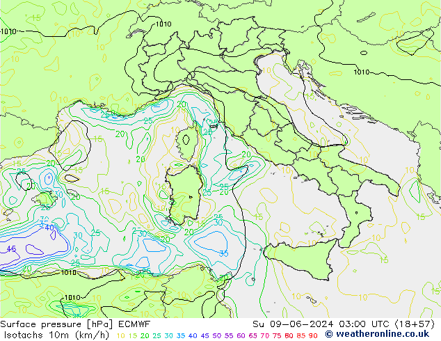 Isotachs (kph) ECMWF Вс 09.06.2024 03 UTC