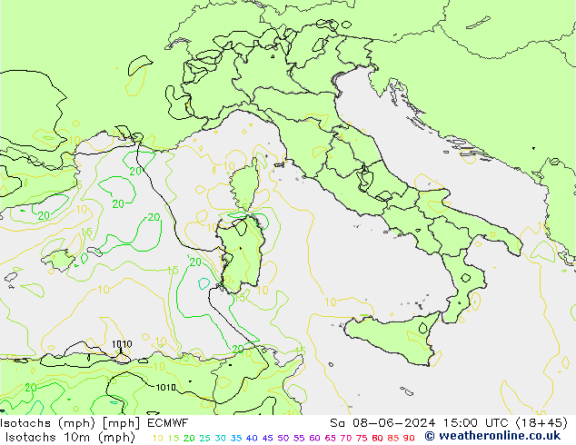 Isotachs (mph) ECMWF сб 08.06.2024 15 UTC