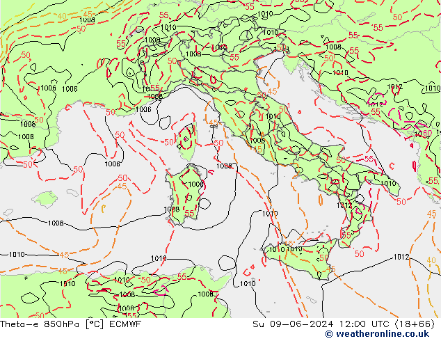 Theta-e 850hPa ECMWF Dom 09.06.2024 12 UTC