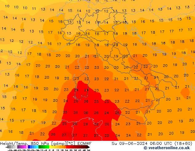 Géop./Temp. 850 hPa ECMWF dim 09.06.2024 06 UTC