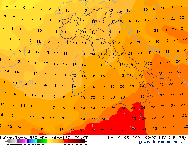 Hoogte/Temp. 850 hPa ECMWF ma 10.06.2024 00 UTC