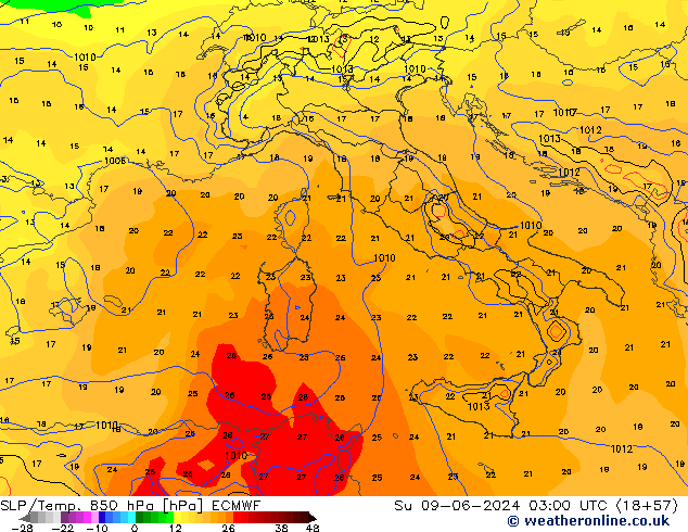 SLP/Temp. 850 гПа ECMWF Вс 09.06.2024 03 UTC