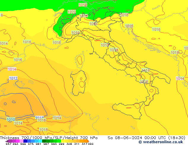 Espesor 700-1000 hPa ECMWF sáb 08.06.2024 00 UTC