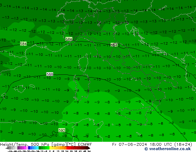 Height/Temp. 500 hPa ECMWF ven 07.06.2024 18 UTC