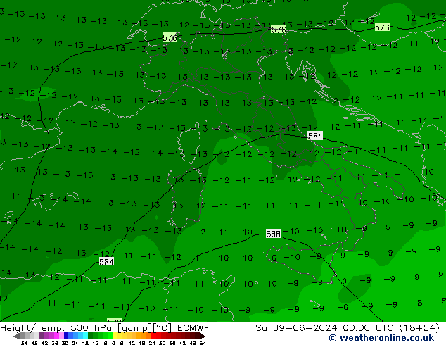 Z500/Rain (+SLP)/Z850 ECMWF Su 09.06.2024 00 UTC