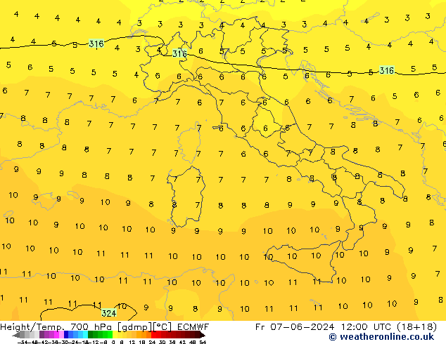 Geop./Temp. 700 hPa ECMWF vie 07.06.2024 12 UTC