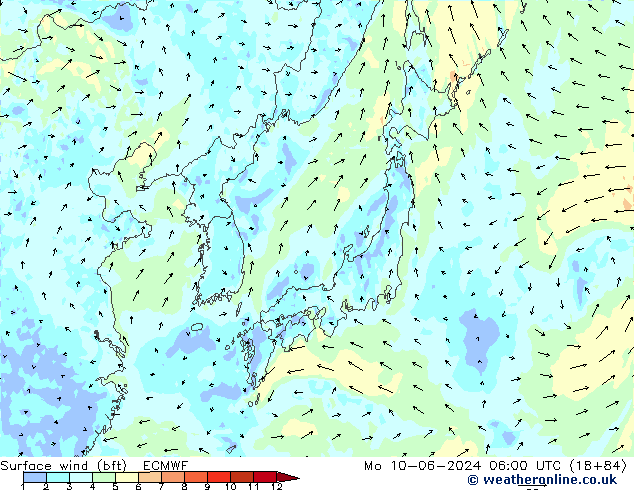 Viento 10 m (bft) ECMWF lun 10.06.2024 06 UTC