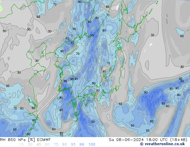 RH 850 hPa ECMWF Sa 08.06.2024 18 UTC