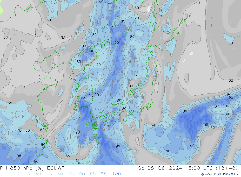 Humidité rel. 850 hPa ECMWF sam 08.06.2024 18 UTC