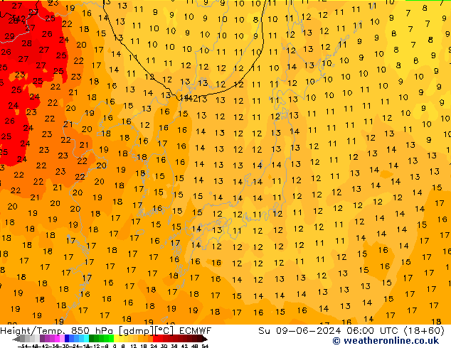 Height/Temp. 850 hPa ECMWF Su 09.06.2024 06 UTC