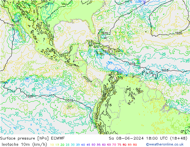 Isotachs (kph) ECMWF сб 08.06.2024 18 UTC