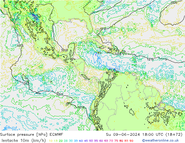 Isotachs (kph) ECMWF Su 09.06.2024 18 UTC