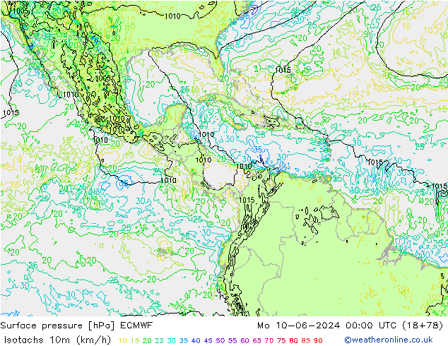 Isotachs (kph) ECMWF пн 10.06.2024 00 UTC