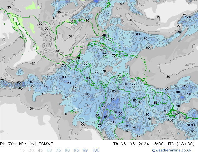 Humidité rel. 700 hPa ECMWF jeu 06.06.2024 18 UTC