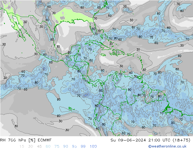 RH 700 hPa ECMWF Dom 09.06.2024 21 UTC