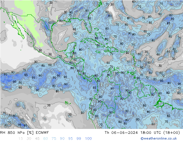 RH 850 hPa ECMWF Čt 06.06.2024 18 UTC