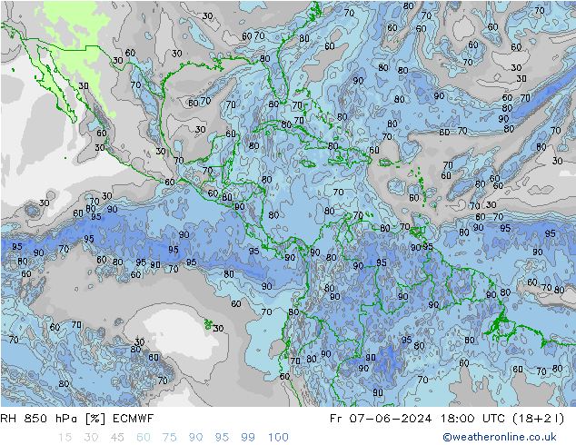 Humidité rel. 850 hPa ECMWF ven 07.06.2024 18 UTC