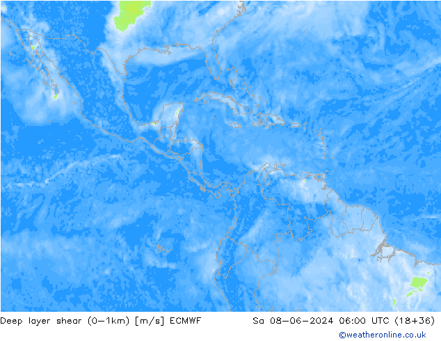 Deep layer shear (0-1km) ECMWF Sáb 08.06.2024 06 UTC