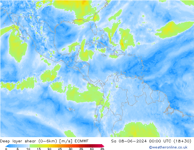 Deep layer shear (0-6km) ECMWF za 08.06.2024 00 UTC