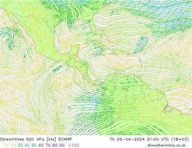 Linha de corrente 500 hPa ECMWF Qui 06.06.2024 21 UTC