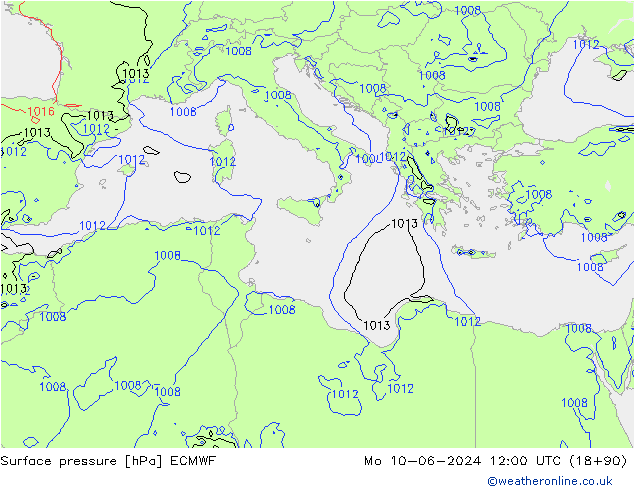 Surface pressure ECMWF Mo 10.06.2024 12 UTC