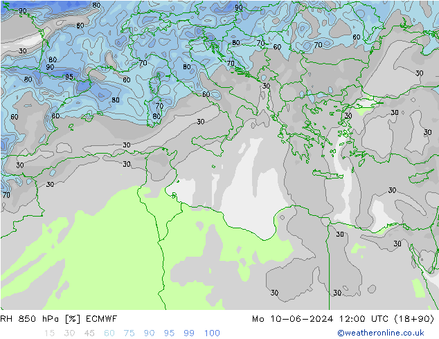 RH 850 hPa ECMWF lun 10.06.2024 12 UTC