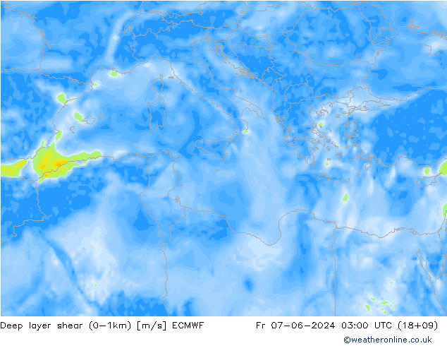 Deep layer shear (0-1km) ECMWF пт 07.06.2024 03 UTC