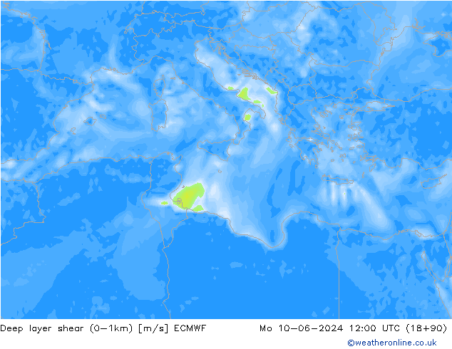 Deep layer shear (0-1km) ECMWF Po 10.06.2024 12 UTC
