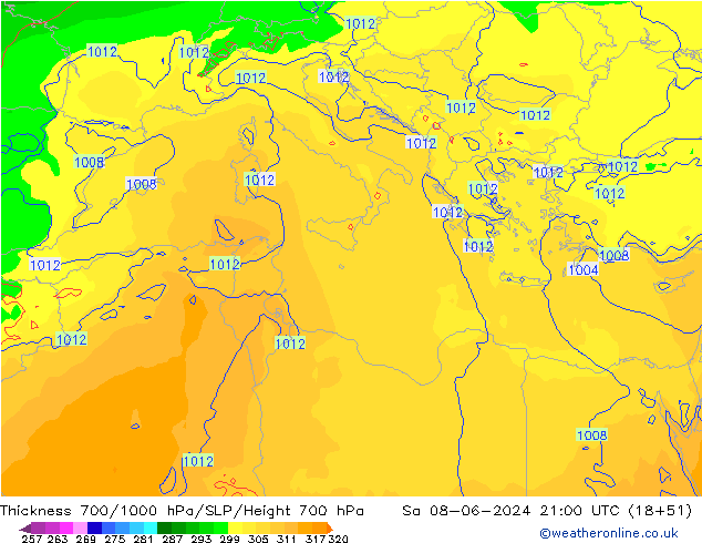 Thck 700-1000 hPa ECMWF sab 08.06.2024 21 UTC