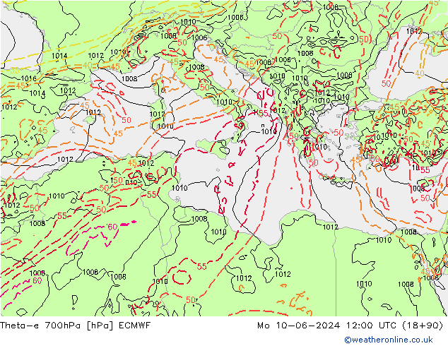 Theta-e 700hPa ECMWF Mo 10.06.2024 12 UTC