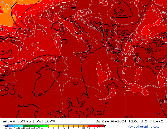 Theta-W 850hPa ECMWF Su 09.06.2024 18 UTC