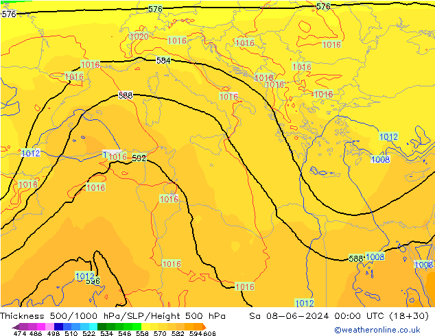 Dikte 500-1000hPa ECMWF za 08.06.2024 00 UTC